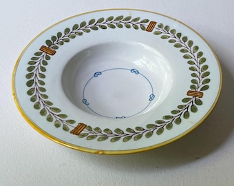 Antique Cantagalli Majolica Rimmed Soup Bowl Hand Painted Italian Laurel Ivy Rooster Mark