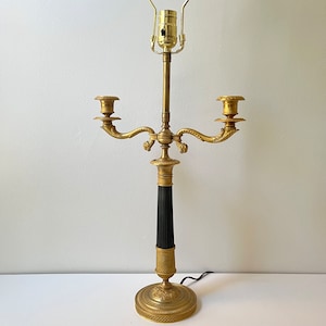 Vintage French Empire Lamp, Bouillotte Candelabra Lamp, Gold and Black Ribbed Neoclassical Column Table Lamp, Library, Reading Lamp