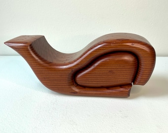 Vintage 9.5" Handcrafted Redwood Whale Trinket Box, Hidden Drawer Puzzle