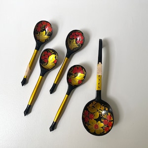 Set of 5 Hand-painted Khokhloma Wooden Spoons / 1 Large Ladle, 4 Small Red, Black, and Gold Spoons with Flowers and Berries, Folk Art Decor