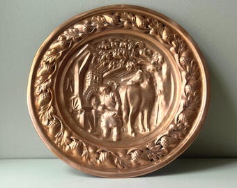 Vintage 13" Copper Wall Plate, Horse and Blacksmith Farrier, Rustic Americana Colonial Revival  Coppercraft