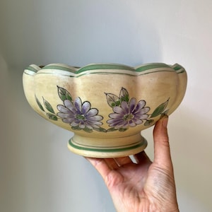 Vintage 7&quot; Rustic Scalloped, Ribbed, Footed Pedestal Planter / Beige, Purple, Green Floral Enameled Compote Jardinière, Art Nouveau Decor