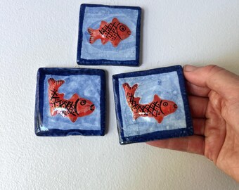 Vintage Set Hand-Painted Fish Ceramic Wall Tiles, Folk Art Shicali El Salvador