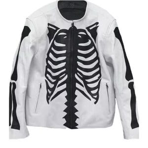 Men&#39;s White Leather Skeleton Bones Jacket – Biker Style Motorcycle Genuine Leather Coat
