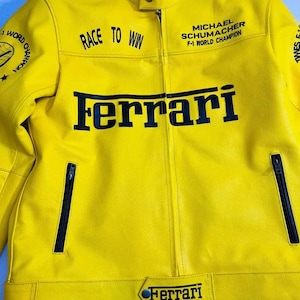 Men&#39;s Yellow Ferrari Racing Jacket Michael Schumacher F1 World Champion Cowhide Leather Biker Jacket