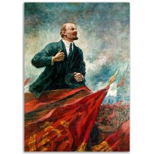 May include: A painting of a man in a dark suit speaking to a crowd. He is holding a hat in his left hand and a red flag is behind him. The background is a cloudy sky.