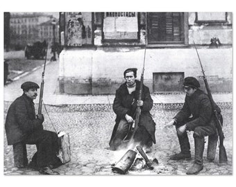 Revolutionary Red Guard patrol campfire on the streets of Petrograd - Premium Matte Paper Poster