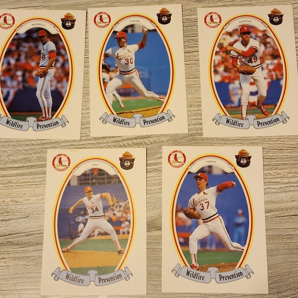 Smokey the Bear St. Louis Cardinal Baseball Cards - Todd Worrell - John Tudor - Rick Horton - Dan Cox - Pat Perry - Set of 5 - item #5329-1