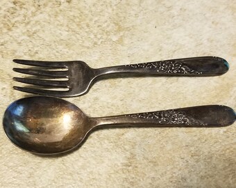 William A Rogers Endearable Child's Flatware by Oneida - Silver Plate - 1954 - Child's Fork - Child's Spoon - 2 pcs -  item #4841-6