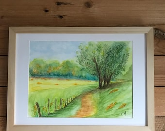水彩田園風景、村の庭の絵、菜園の絵、風景画、オリジナルの水彩画