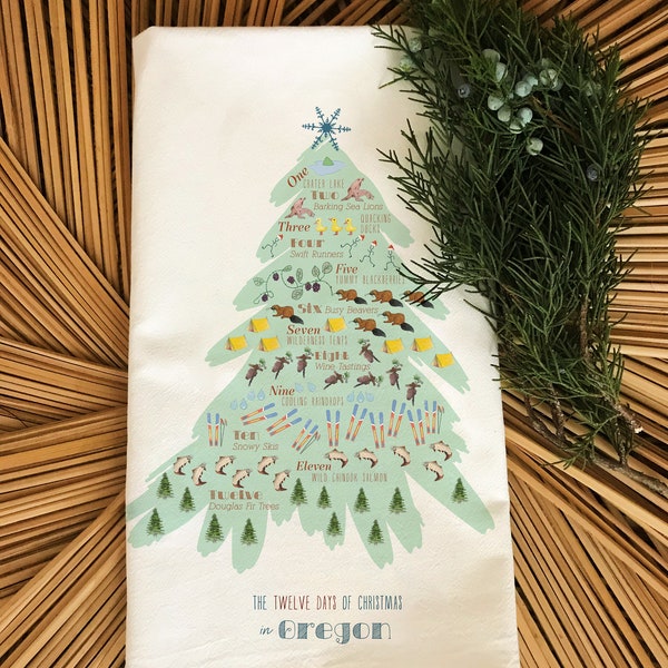 12 Days of Oregon Christmas Tea Towel, Oregon, Portland, Xmas, Christmas Gift, Kitchen Towel, tea towel