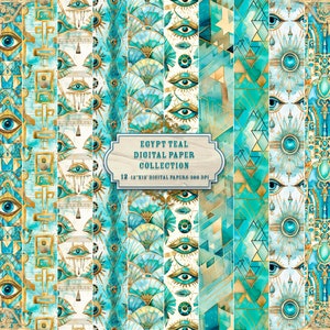 Colección de papel digital Teal de Egipto, Descarga instantánea, Páginas digitales, Suministros de papel para álbumes de recortes, Papel digital imprimible, Diseños antiguos