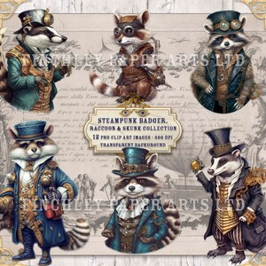 Steampunk blaireau, mouffettes et raton laveur aquarelle Clipart, Clipart gothique PNG, Steampunk victorien, Fantasy Art Clipart, artisanat en papier, Scrapbooking