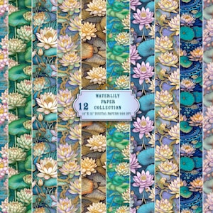 Coleção de papel de nenúfar, páginas de fundo de nenúfar 12 "x 12", download instantâneo, páginas de diário digital, papel de diário de arte