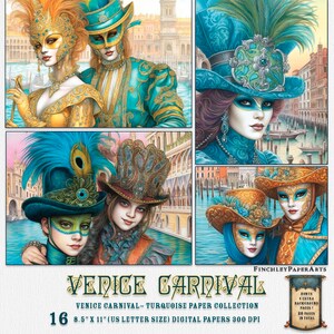 Venedig Karneval Türkis Sammlung, Venedig Karneval Bilder 8,5 "x 11" US Letter Größe, sofortiger Download, digitale Journal Seite, Junk Journal Papier