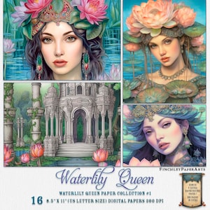 Colección Waterlily Queen #1, Imágenes de la diosa Waterlily 8.5"x11" Tamaño de carta de EE. UU., Descarga instantánea, Páginas de diario digital, Papel de diario basura
