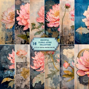 Oosterse bloemen azuurblauwe digitale papiercollectie, direct downloaden, digitale pagina's, scrapbookpapierbenodigdheden, afdrukbaar digitaal papier,