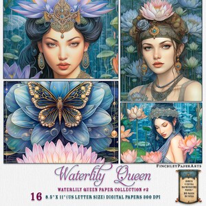 Colección Waterlily Queen #2 ,Nenúfar,Imágenes de la Diosa 8.5"x11" Tamaño de carta de EE.UU., Descarga instantánea, Páginas de diario digital, Papel de diario basura