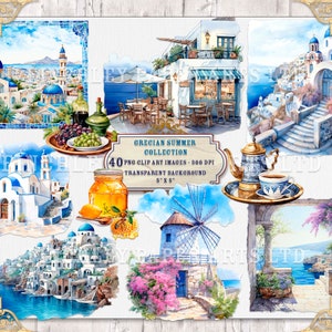 Collection été grecque, clipart aquarelle des îles grecques, téléchargement immédiat, Pages numériques, clipart, fournitures de scrapbooking, clipart numérique