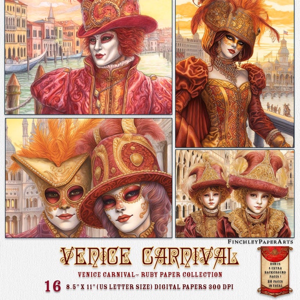 Venice Carnival Ruby Collection,Venice Carnival Images 8.5"x11" US Letter Size,Instant Download,Digital Journal Pages,Junk Journal Paper