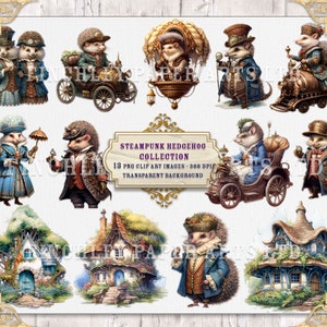 Steampunk Hedgehogs Watercolor Clipart, Fairytale Clipart PNG, Fantasy Hedgehogs, Fantasy Art Clipart, Junk Journal, Paper Craft, Scrapbooking