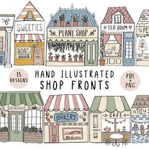 Winkelgevel clipart bundel, 15 handgetekende winkelgevel PNG's, schattige winkeltjes in de winkelstraat, illustraties van kleine bedrijfsgebouwen, printbaar PDF-bestand