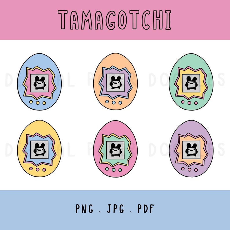 May include: Six digital illustrations of egg-shaped Tamagotchi devices in blue, orange, green, yellow, pink, and purple. Each features a pixelated character on a screen, a jagged frame, and three circular buttons. The text TAMAGOTCHI, PNG, JPG, PDF appears.