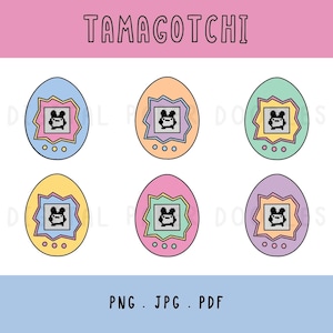 May include: Six digital illustrations of egg-shaped Tamagotchi devices in blue, orange, green, yellow, pink, and purple. Each features a pixelated character on a screen, a jagged frame, and three circular buttons. The text TAMAGOTCHI, PNG, JPG, PDF appears.