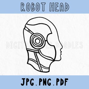 Pode incluir: Ilustração a preto e branco de uma cabeça de robô em perfil. A imagem inclui o texto "ROBOT HEAD" na parte superior e "JPG. PNG. PDF" na parte inferior. A cabeça do robô tem um fone de ouvido circular e detalhes mecânicos.