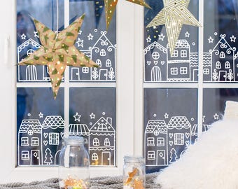 Winter Village Window Chalk Art Template – Cozy Holiday Decor (Printable PDF)