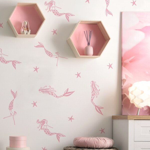 Déco Murale Sirène Pour Bébé – Autocollant Mural Nursery (Corail, Rose, Thème Océan, Amovible)