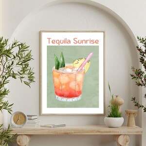 Tequila Sunrise Poster, Watercolor Cocktail Art Print, Home Bar Wall Decor, Unique Gift for Cocktail Lovers,