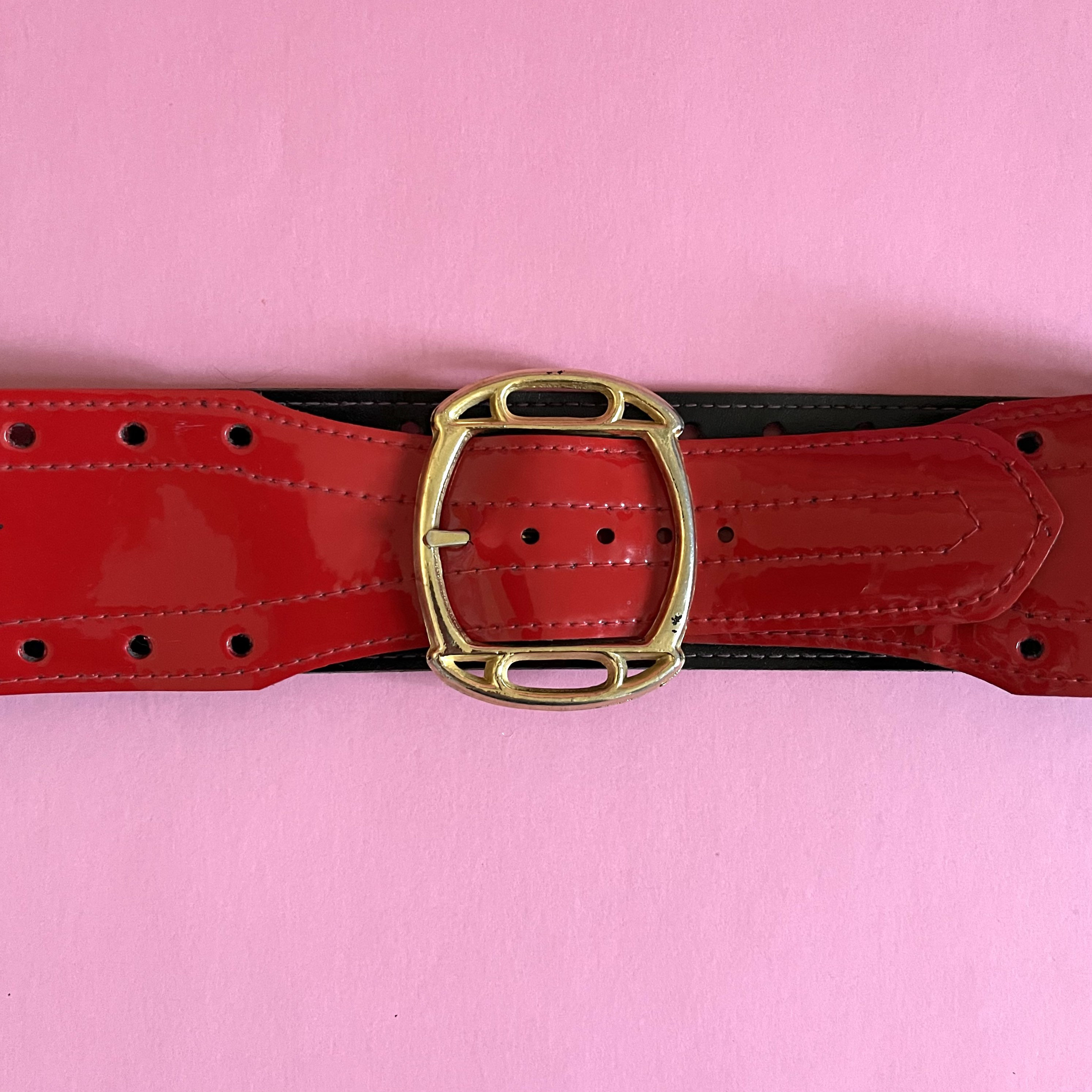 Red Patent Leather Belt With Gold 
