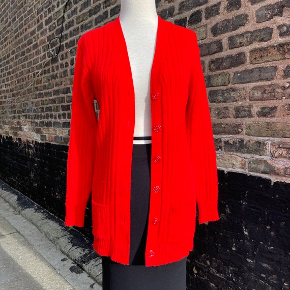 Vintage bright Red Orange 70s cardigan szXs-S - image 2