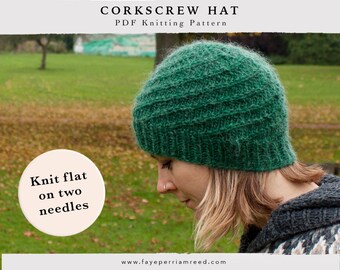 Corkscrew Beanie Bulky Hat Knitting Pattern by Faye Perriam-Reed | Hat knitted flat on straight needles