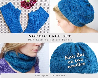 Bundle ~ Nordic Lace Hat, Mitts and Cowl knitting patterns  | Knit Flat on two needles | Hat knit pattern | Mittens knit pattern |