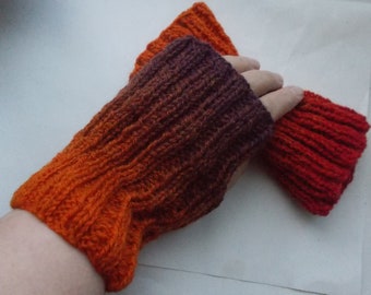 Handknitted 100% wool fingerless mittens, variegated colour.