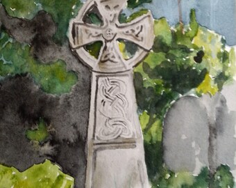 Original watercolour painting, Celtic Cross headstone #2