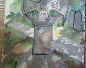 Original watercolour painting, Celtic Cross headstone #4