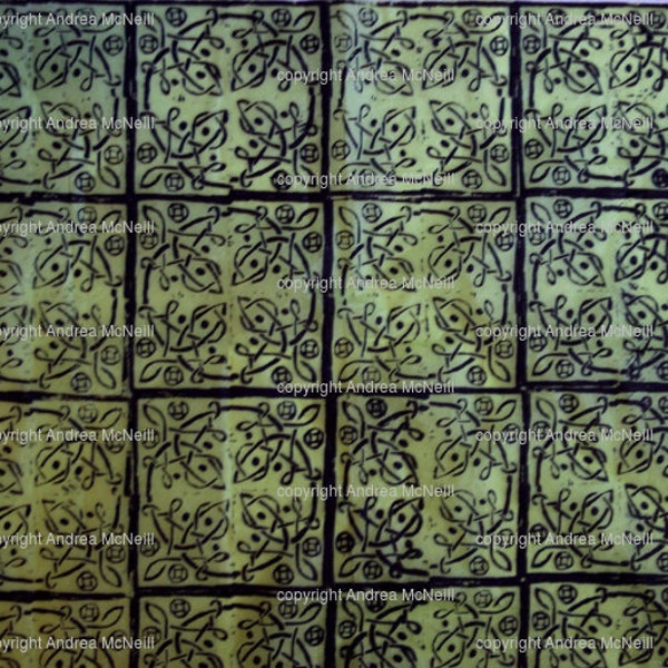 Sheet of lime green tissue paper, handprinted with Celtic knotwork lino print