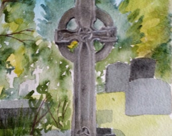 Original watercolour painting, Celtic Cross headstone #3