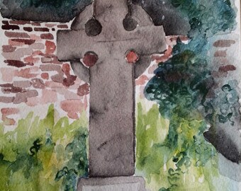 Original Watercolour painting, Celtic Cross headstone #1