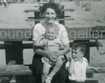 Mom and Children on Park Bench at the Beach,  Black & White Photo, Old Photo, Snapshot, √