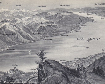 Digital Download,  Illustrated Map of  Lac Leman Panorama, Switzerland, Black & White Postcard, Travel Ephemera, Printable√