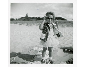 Vintage Photo, Queen of Style, Young Girl in Sunglasses Standing on Beach