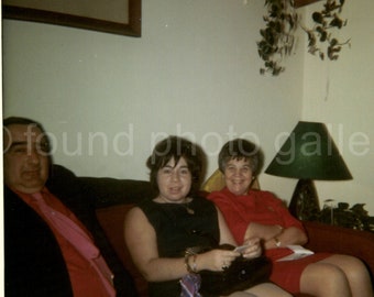 Man and Two Women on Living Room Couch, Color Photo, Found Photo, Family Photo, Old Photo, Snapshot, Vernacular Photo√