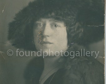 Elegant Lady in Fur Hat, Fur Shawl Collar and Coat, 1940's Eastern Europe Photograph, Vintage Black and White Photograph