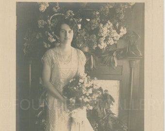 Lovely Young Woman with Floral Bouquet In Front Of Fireplace, Wedding or Confirmation, Vintage Photo