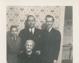 The Wallpaper Series-Elderly Woman, Son and Grandsons In Black Against Floral Wallpaper Spooky Photo Vintage Photo√