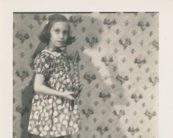 The Wallpaper Series- Young Girl In Flower Print Dress Standing Next to Floral Wallpaper Spooky Photo Vintage Photo√